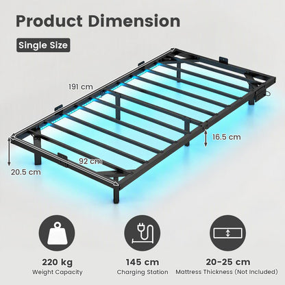 Floating Bed Frame with LED Lights and Charging Station Mattress Slide Stopper