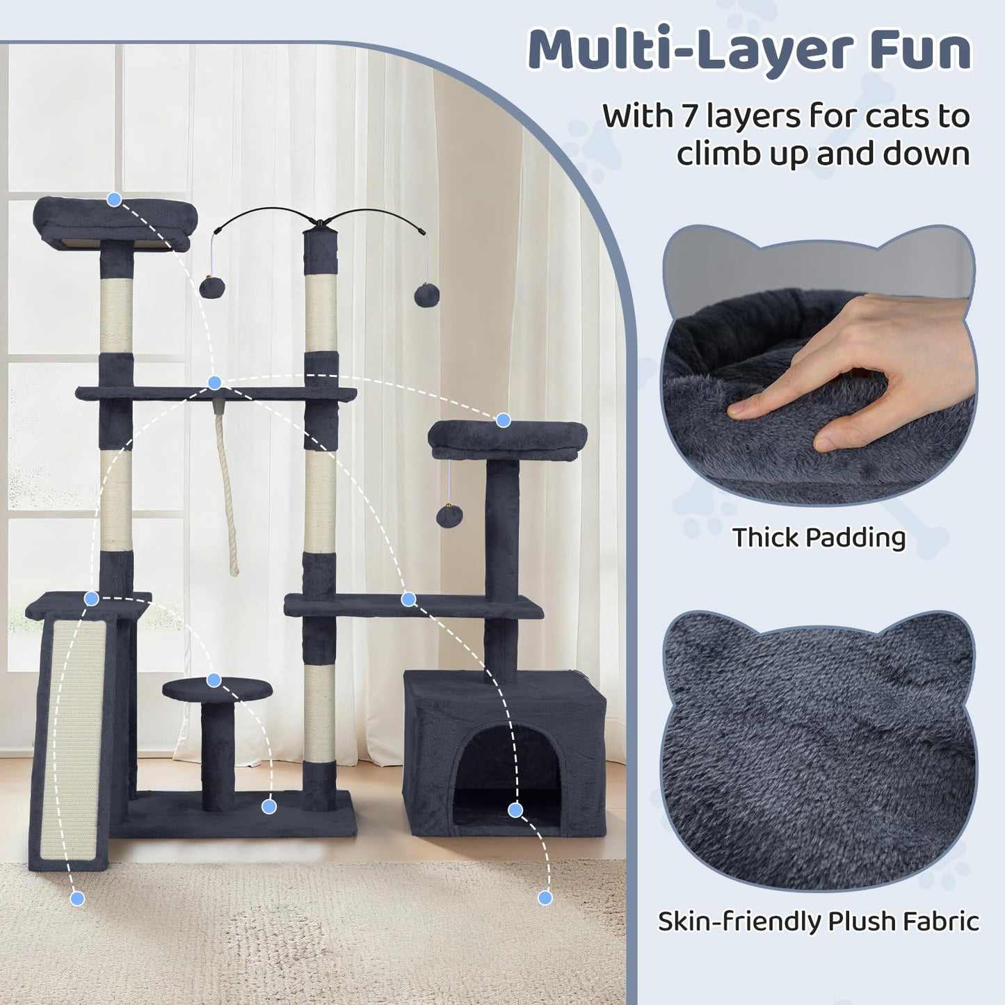 Cat Tree, 136cm Tall Multi-Layer Cats Tower with 2 Padded Perches