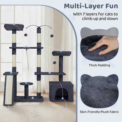 Cat Tree, 136cm Tall Multi-Layer Cats Tower with 2 Padded Perches