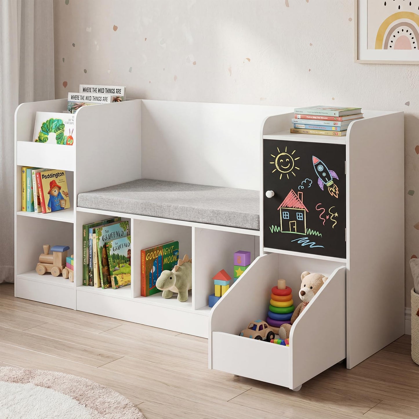 Kids Bookcase and Bookshelf with Reading Nook Toy Storage Organizer with Padded Seat Cushion
