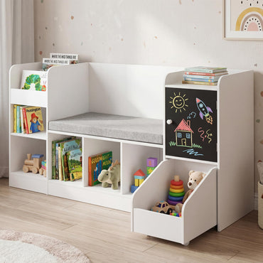 Kids Bookcase and Bookshelf with Reading Nook Toy Storage Organizer with Padded Seat Cushion