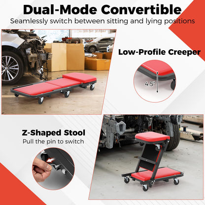 2-in-1 Folding Profile Mechanic Creeper with Padded Seat and 6 Wheels