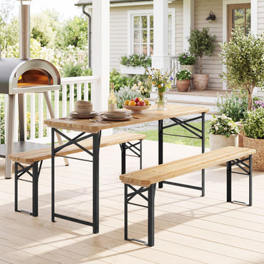 3 Piece Folding Picnic Table and Bench Set, Wooden Portable Camping Trestle Table Chairs