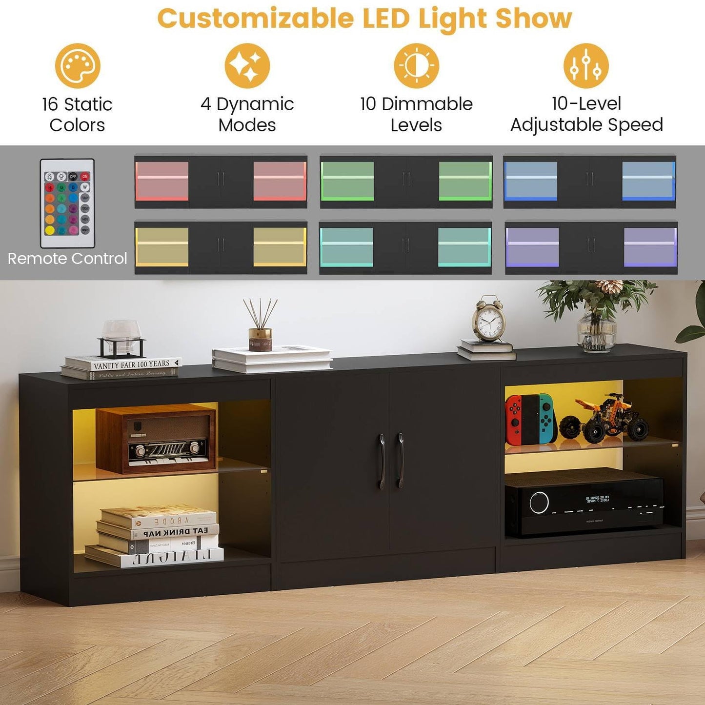 TV Stand Cabinet for TVs up to 85 Inches, 3 Pieces Modular Console TV Unit with LED Lights