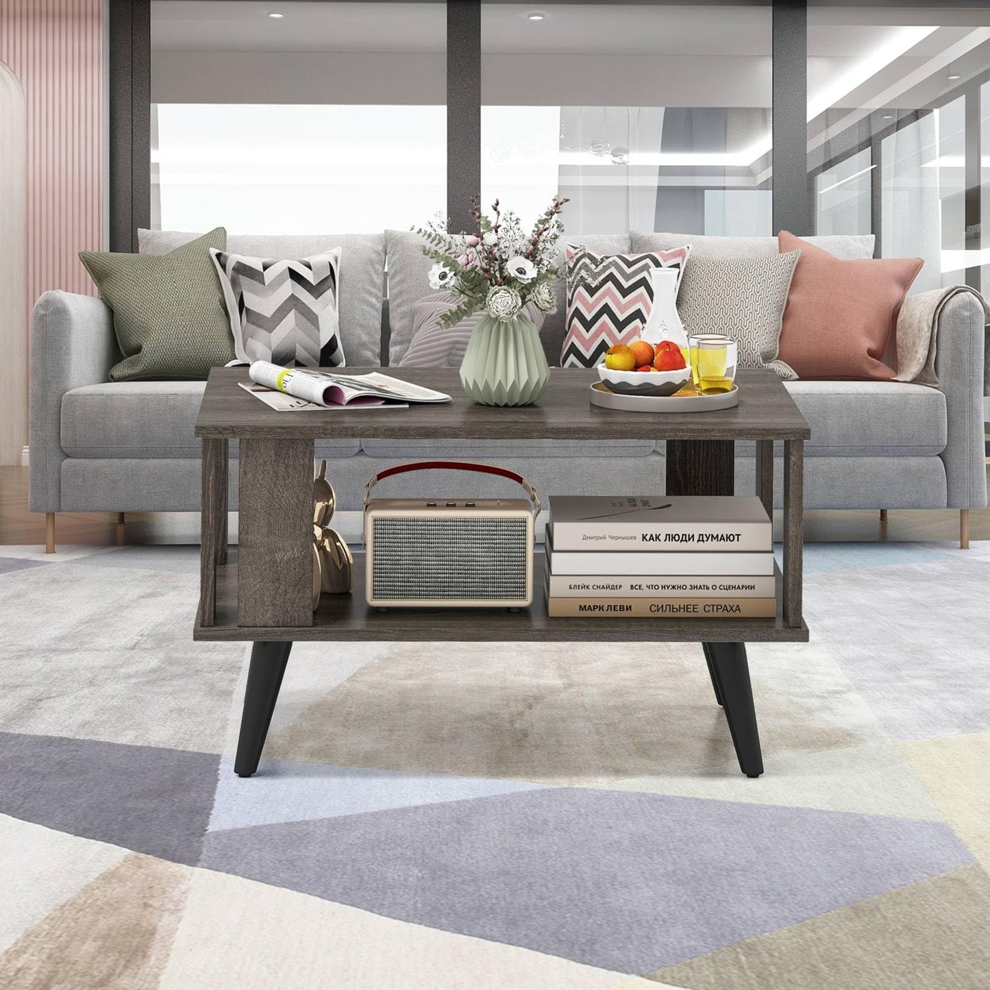 Wooden Industrial Coffee Table with Storage Shelf for Home Office