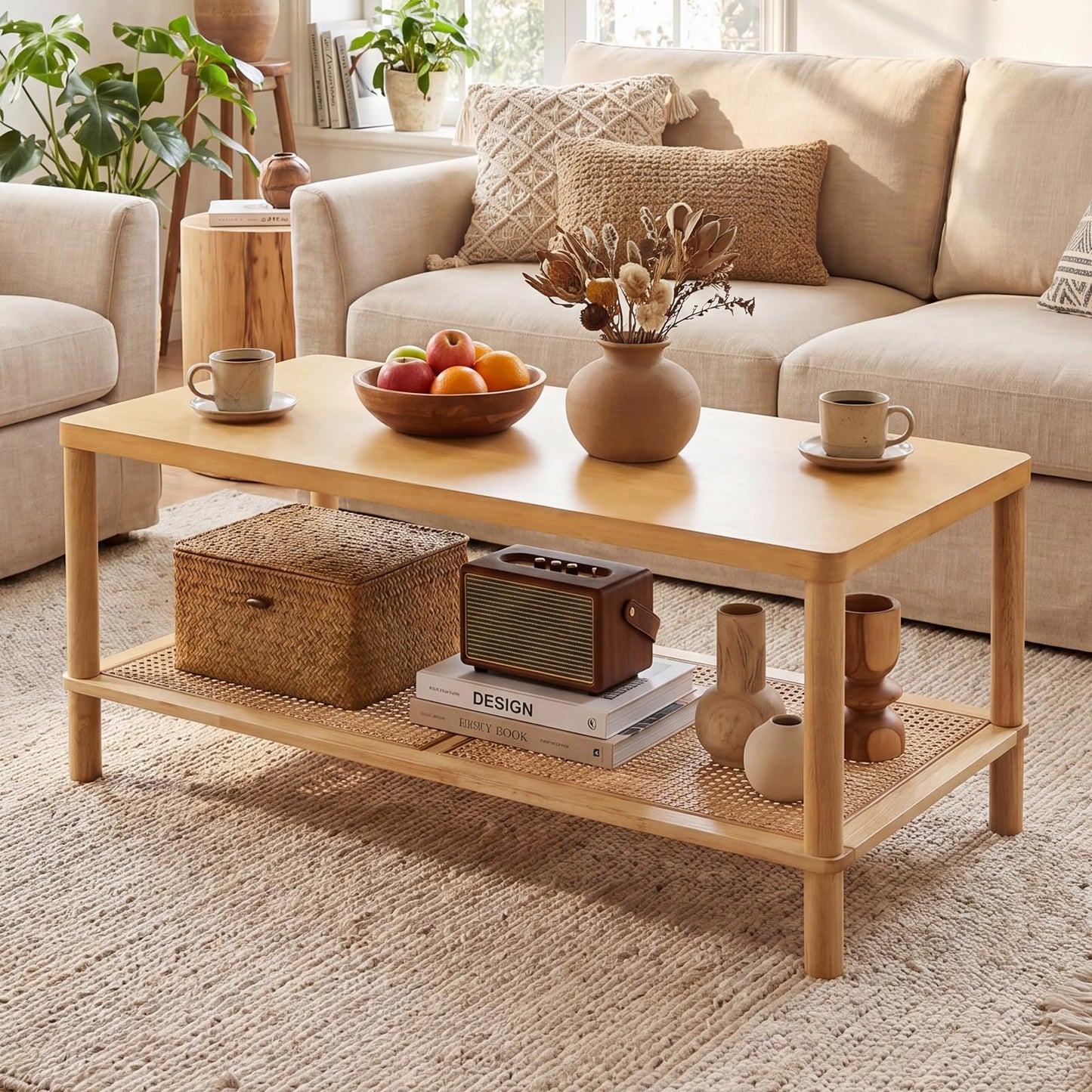 2-Tier Rattan Coffee Table with Storage Shelf, Rubber Wood Frame