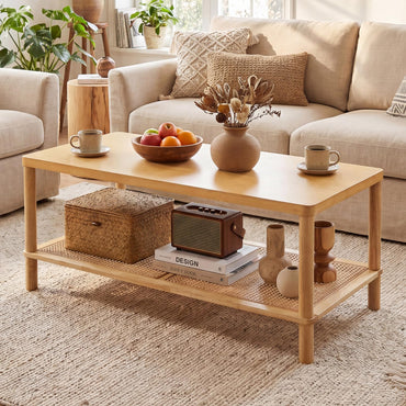 2-Tier Rattan Coffee Table with Storage Shelf, Rubber Wood Frame