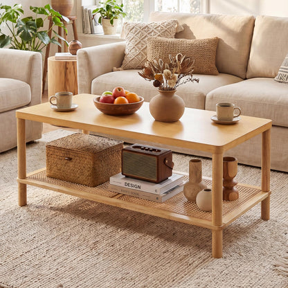 2-Tier Rattan Coffee Table with Storage Shelf, Rubber Wood Frame