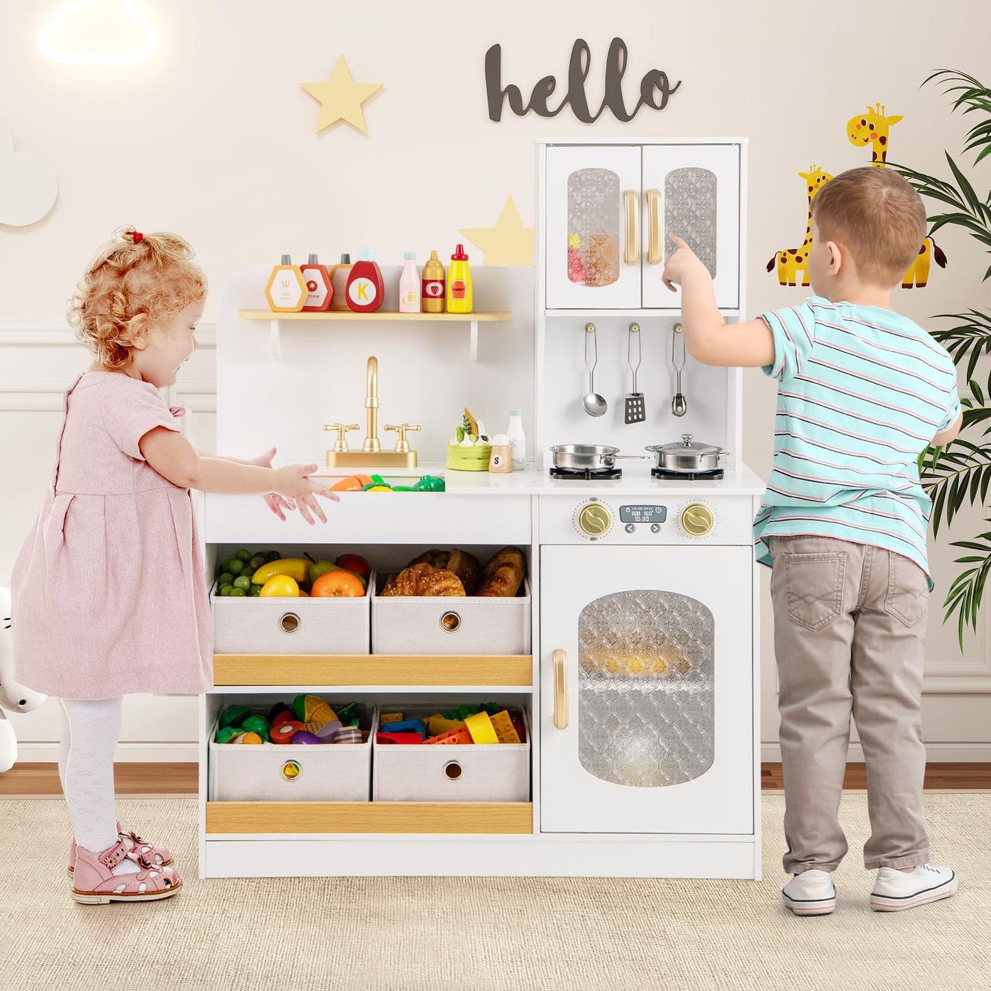 Kids Kitchen Playset Toy Play Kitchen with 4 Fabric Drawers for 3+ Years Old