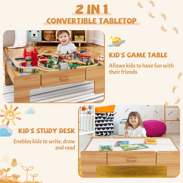 Wooden Train Track Set with Reversible Tabletop 100 Pieces Toy and Storage Drawer