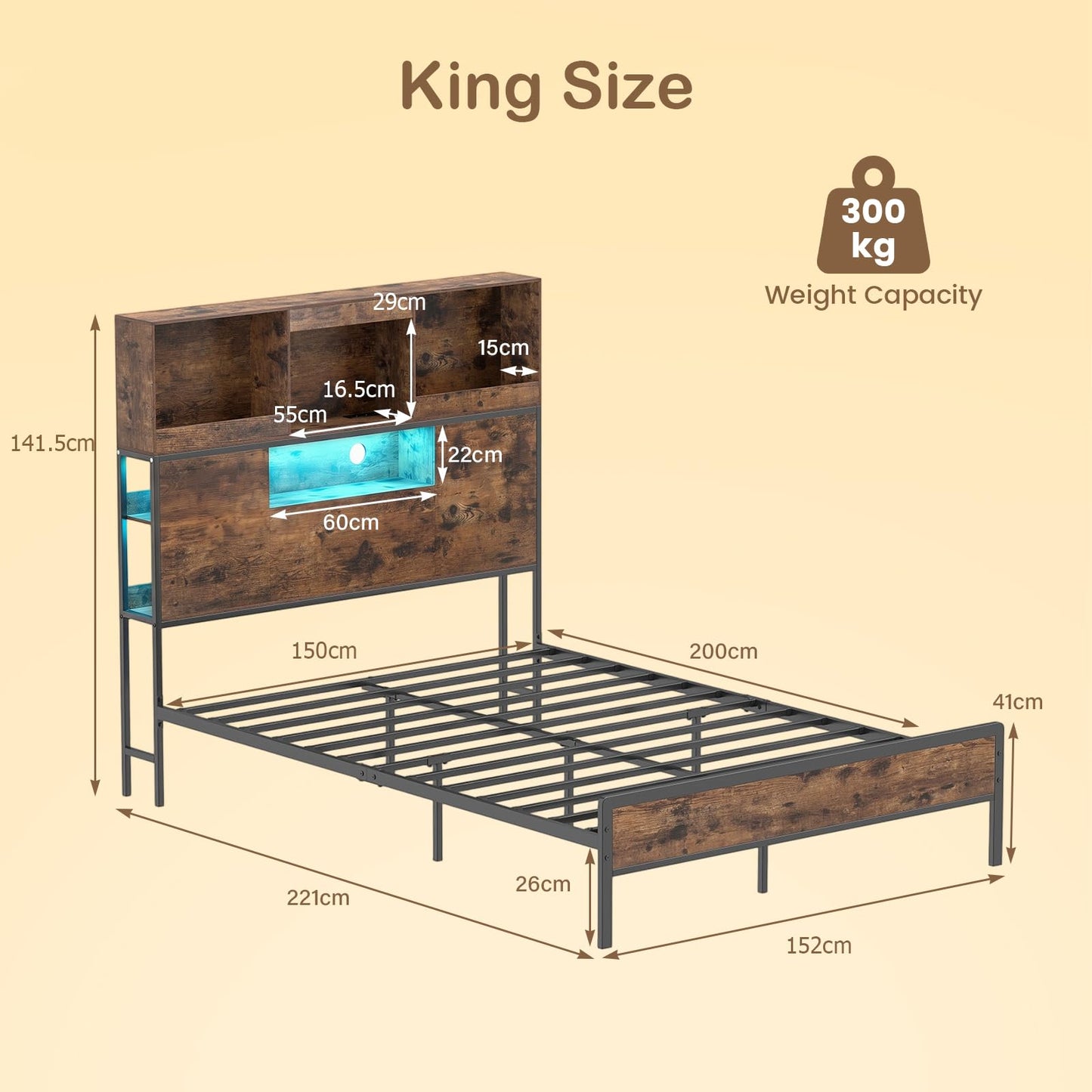 Industrial Metal Platform Bed with LED Lights and Power Outlet