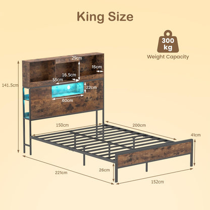 Industrial Metal Platform Bed with LED Lights and Power Outlet