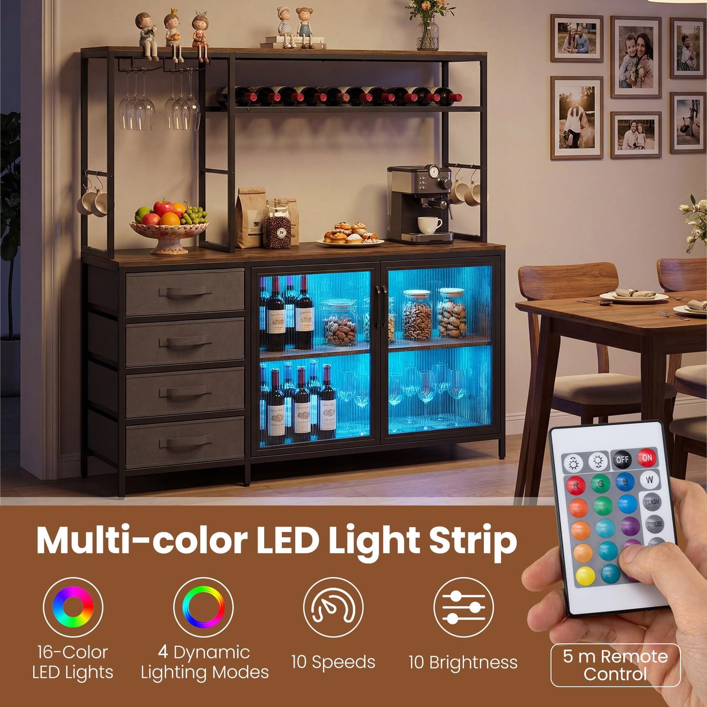 Buffet Sideboard with RGB LED Lights & Power Outlets, Wooden Storage Cabinet