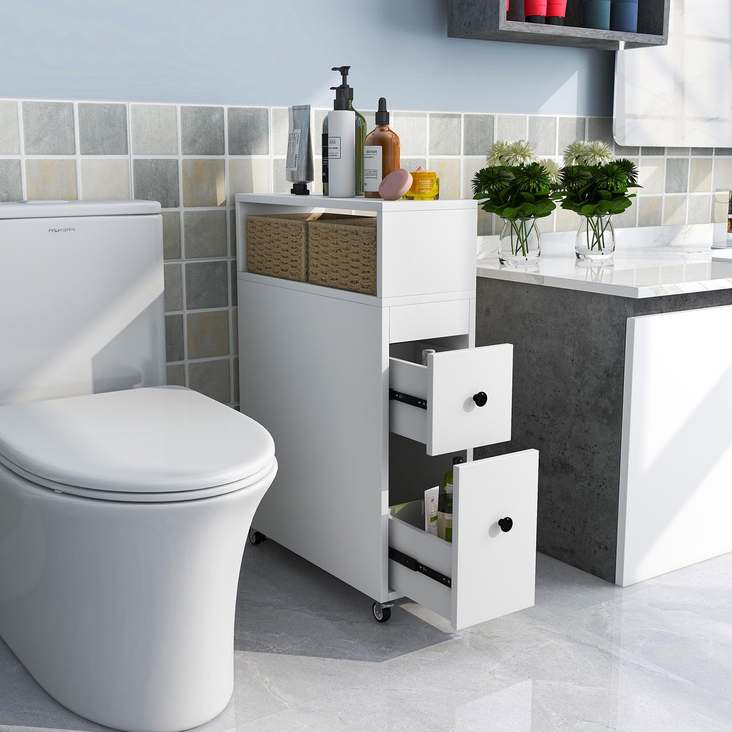 Mobile Narrow Bathroom Storage Unit with 2 Slide Out Drawers