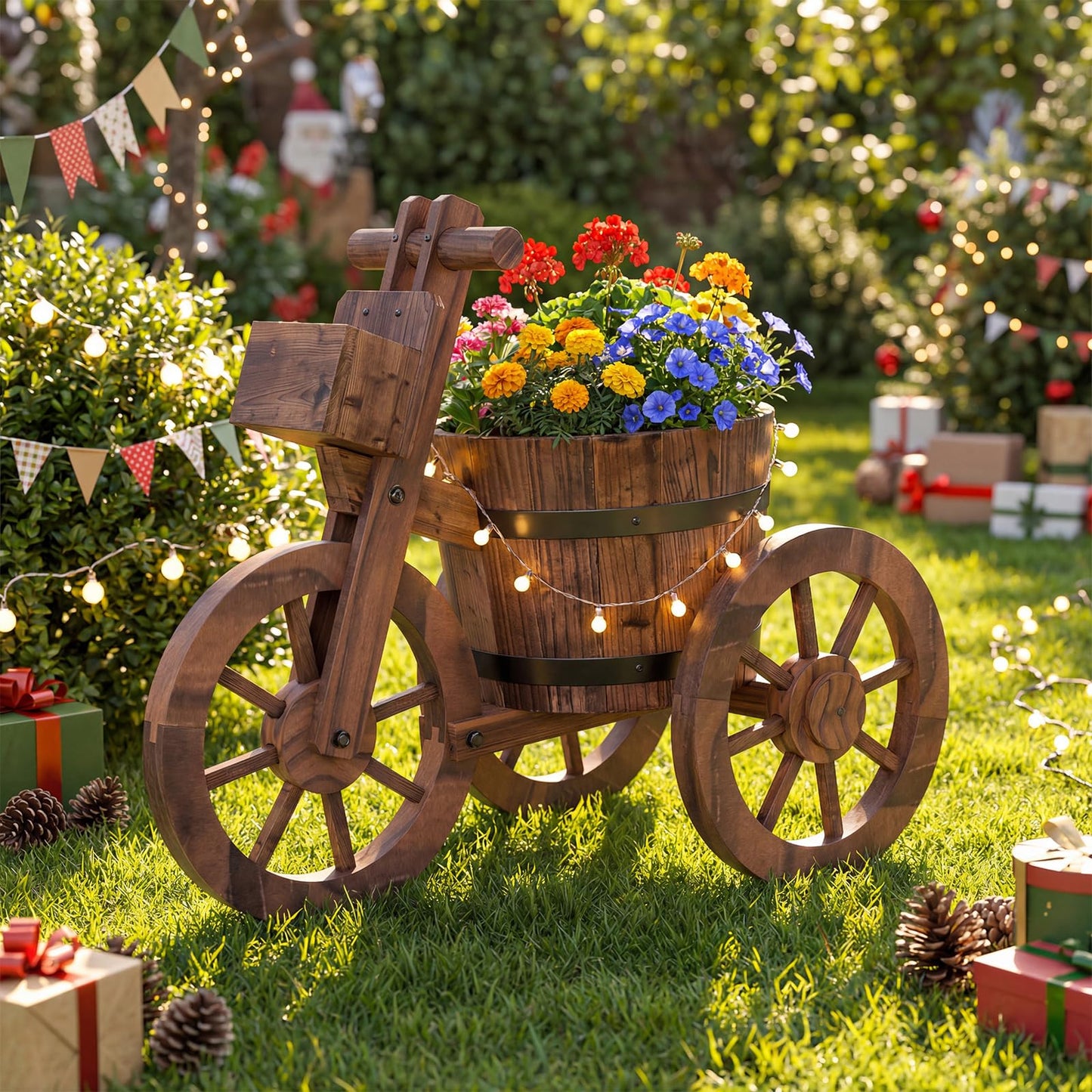 Wooden Wagon Planter, Tricycle Garden Planter with Drainage Hole