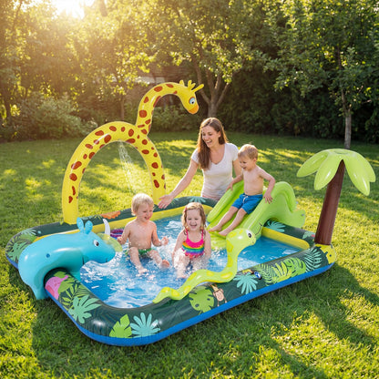 Inflatable Play Center, Jungle Animal Spray Paddling Pool with Slide & Sprinkle