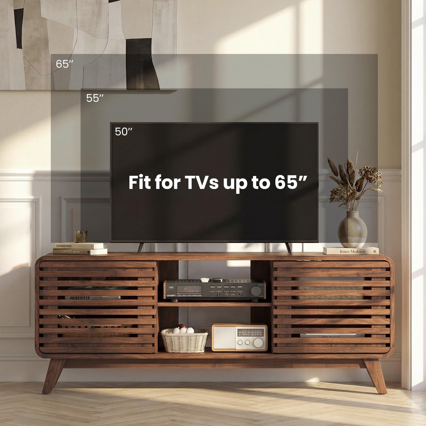 TV Stand Cabinet for 65 Inch TVs with Sliding Doors