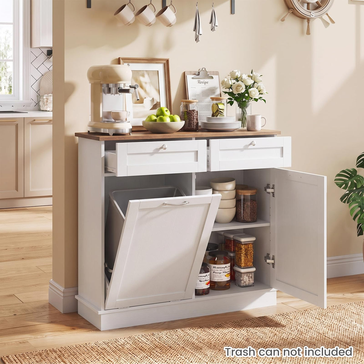 Hidden Tilt Out Trash Bin Cabinet with Shelves Wooden Storage Organizer for Kitchen