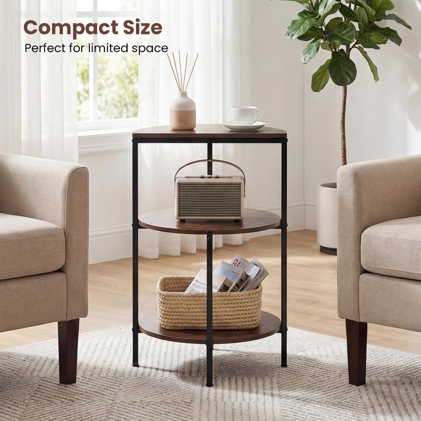 3-Tier Round Side Table, Industrial Nightstand Bedside Table with Storage Shelves