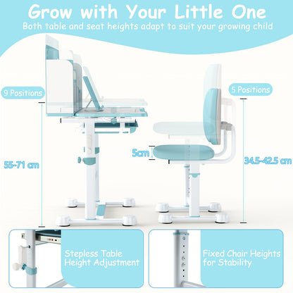 Kid's Study Desk and Chair Set with Tilt Desktop and Footrest Bar