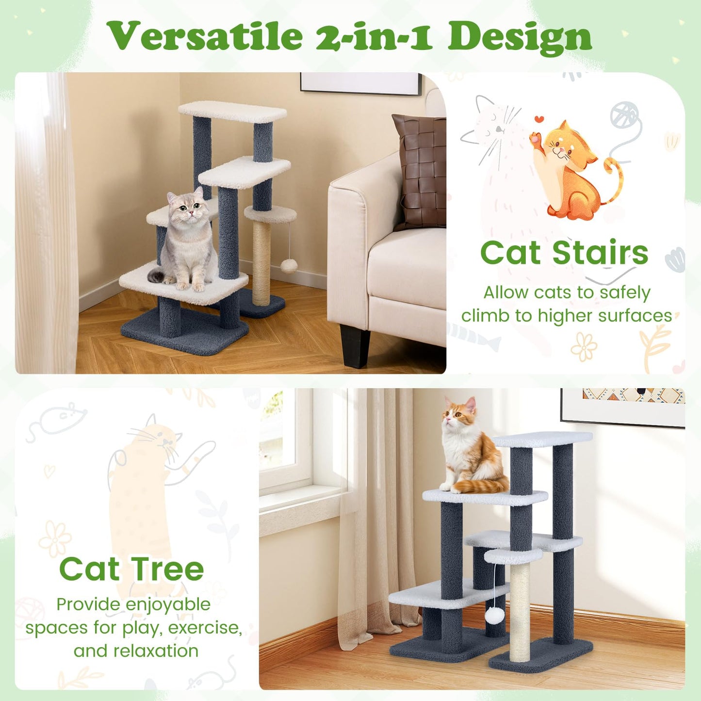 Cat Stairs, 2-in-1 Cat Tree Tower Pet Steps with Sisal Scratching Posts
