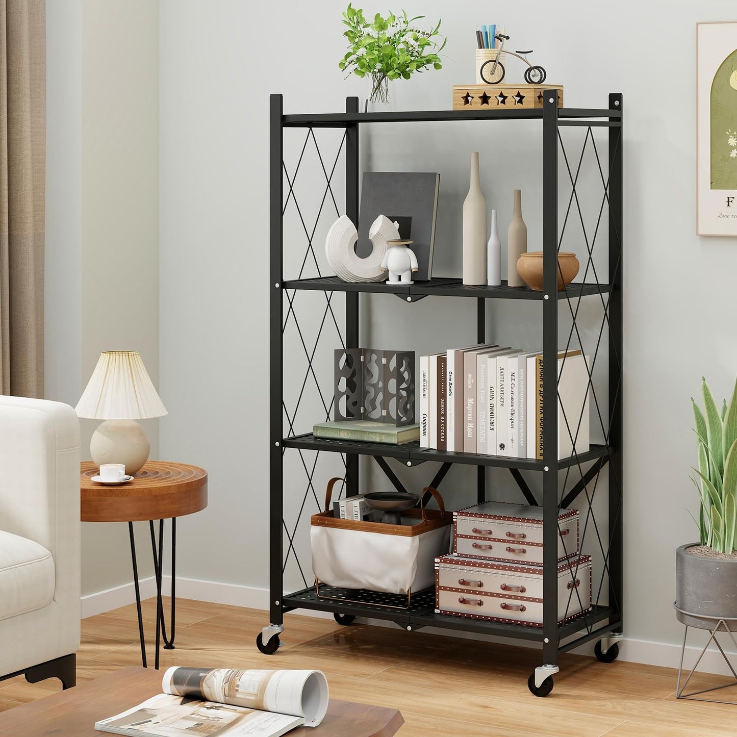 4-Tier Metal Foldable Collapsible Storage Rack with Lockable Wheels