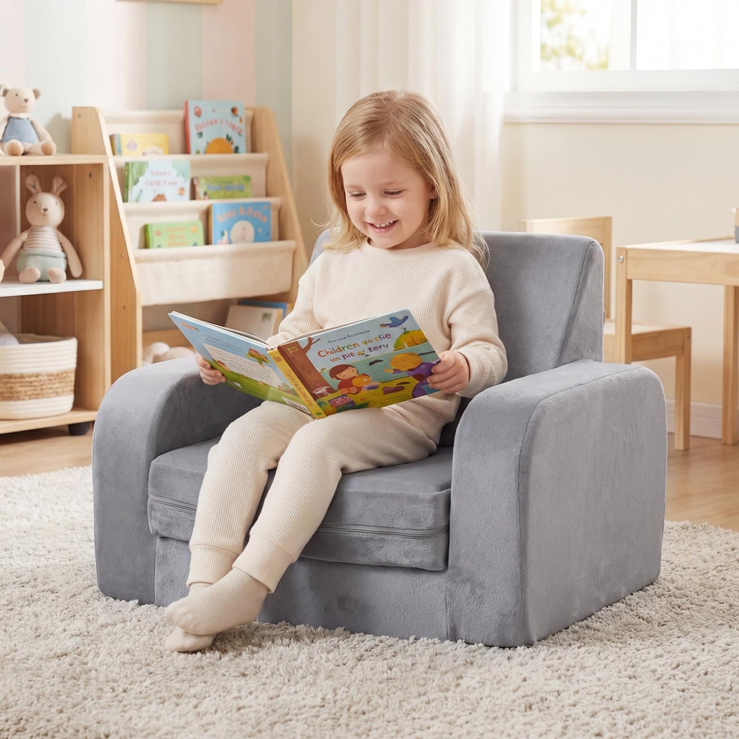 Children's Armchair, 3 in 1 Convertible Fold Out Kids Sofa Bed with Velvet Fabric