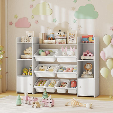 142 cm Large Toy Storage Organizer with 8 Removable Bins and Bookshelf