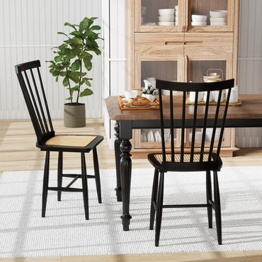 Windsor Dining Chair Set of 2 with Spindle Back and PE Rattan Seat for Kitchen