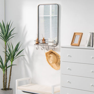 Wall-Mounted Rectangular Bathroom Mirror with Storage Shelf and Hooks