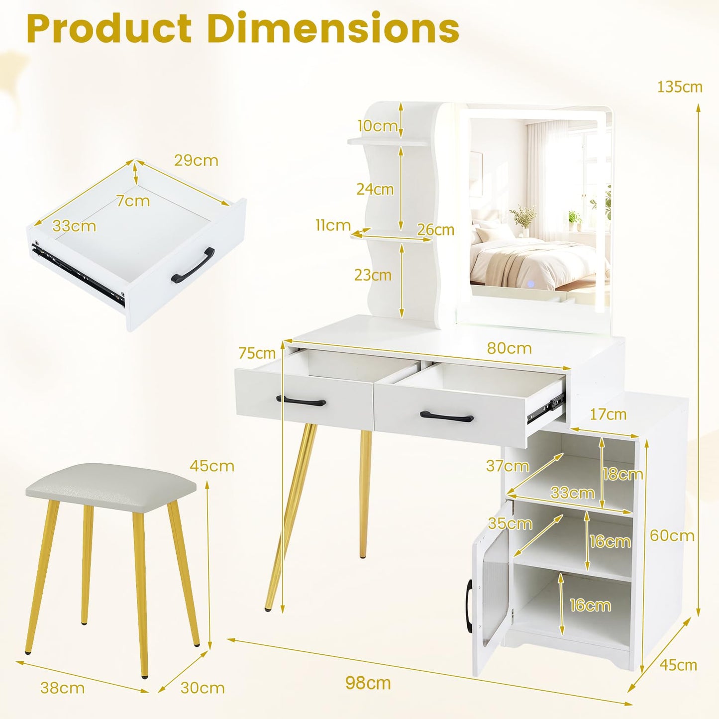 Dressing Table with LED Mirror and Stool, Makeup Table Vanity Desk Set