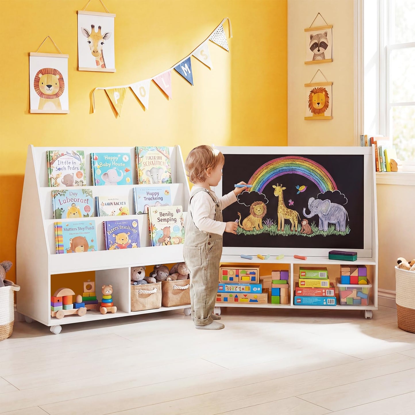 Double-Sided Kids Bookshelf Toddler Book Shelf on Wheels with Chalkboard