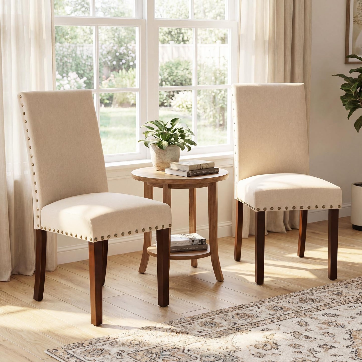 Set of 2 Dining Chairs with High Back, and Solid Rubber Wood Legs
