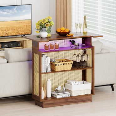 Bar Table, 4-Tier Rattan Bar Cabinet with RGB LED Light