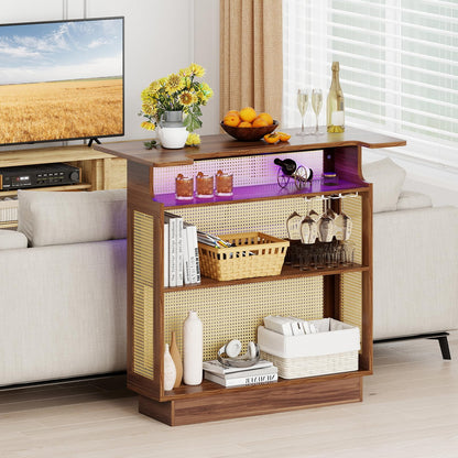 Bar Table, 4-Tier Rattan Bar Cabinet with RGB LED Light