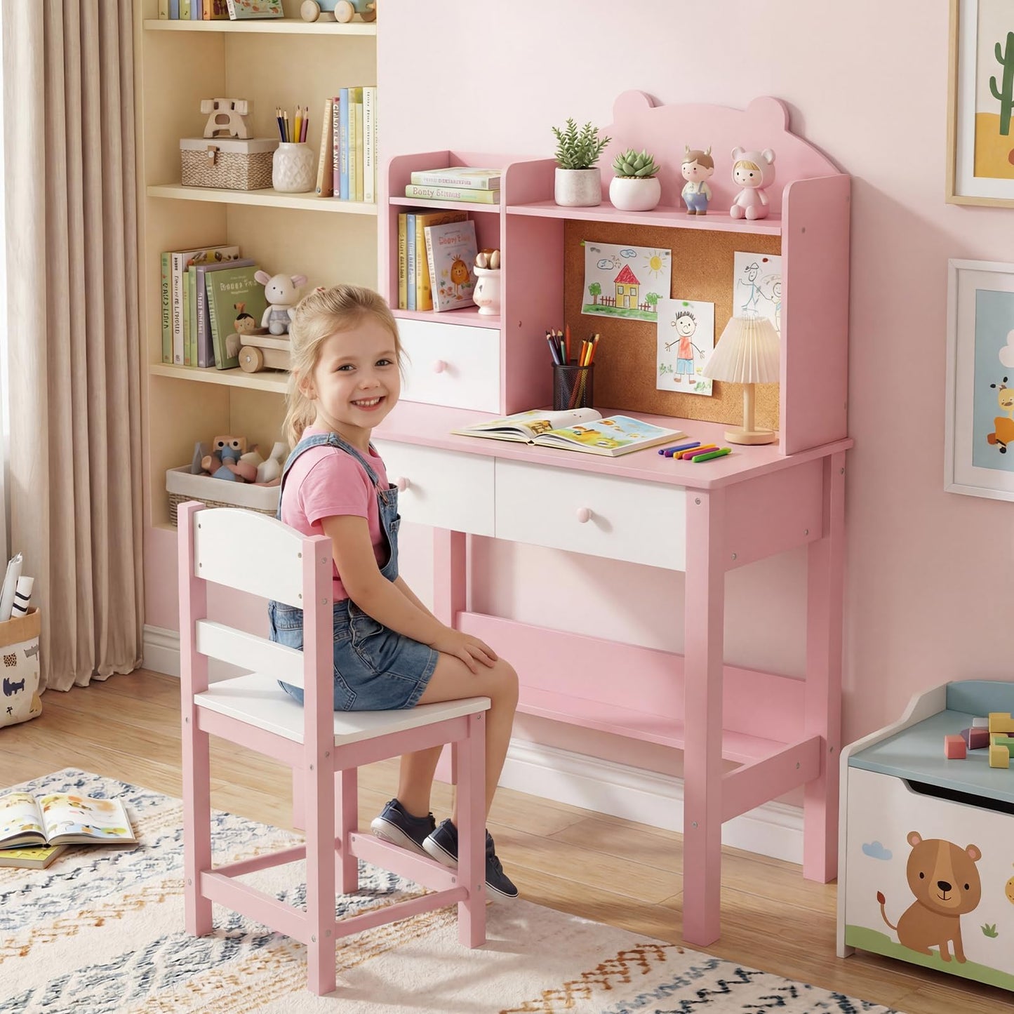Kids Desk and Chair Set, Wooden Student Study Table with Drawers