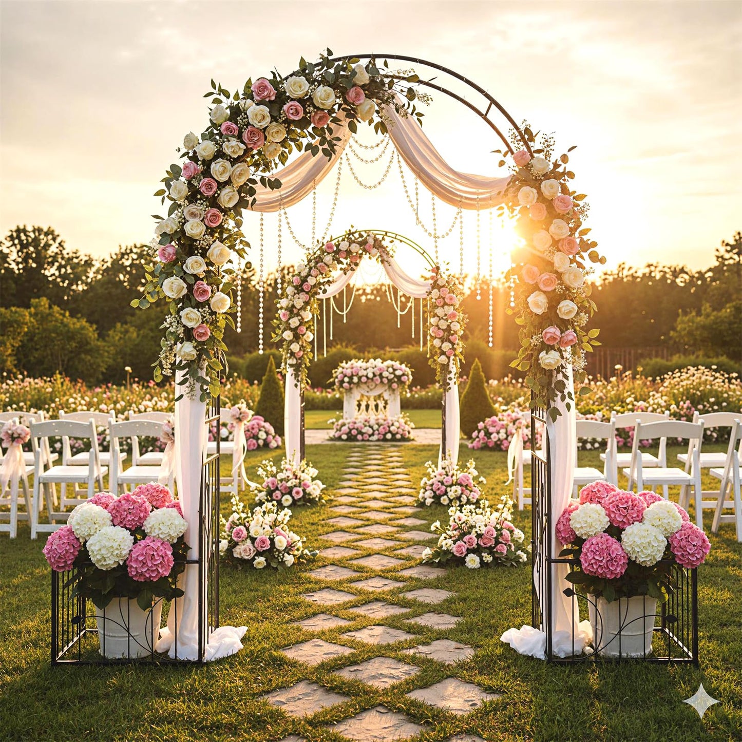 Metal Garden Arbor with Planter Boxes and Ground Stakes for Climbing Plants