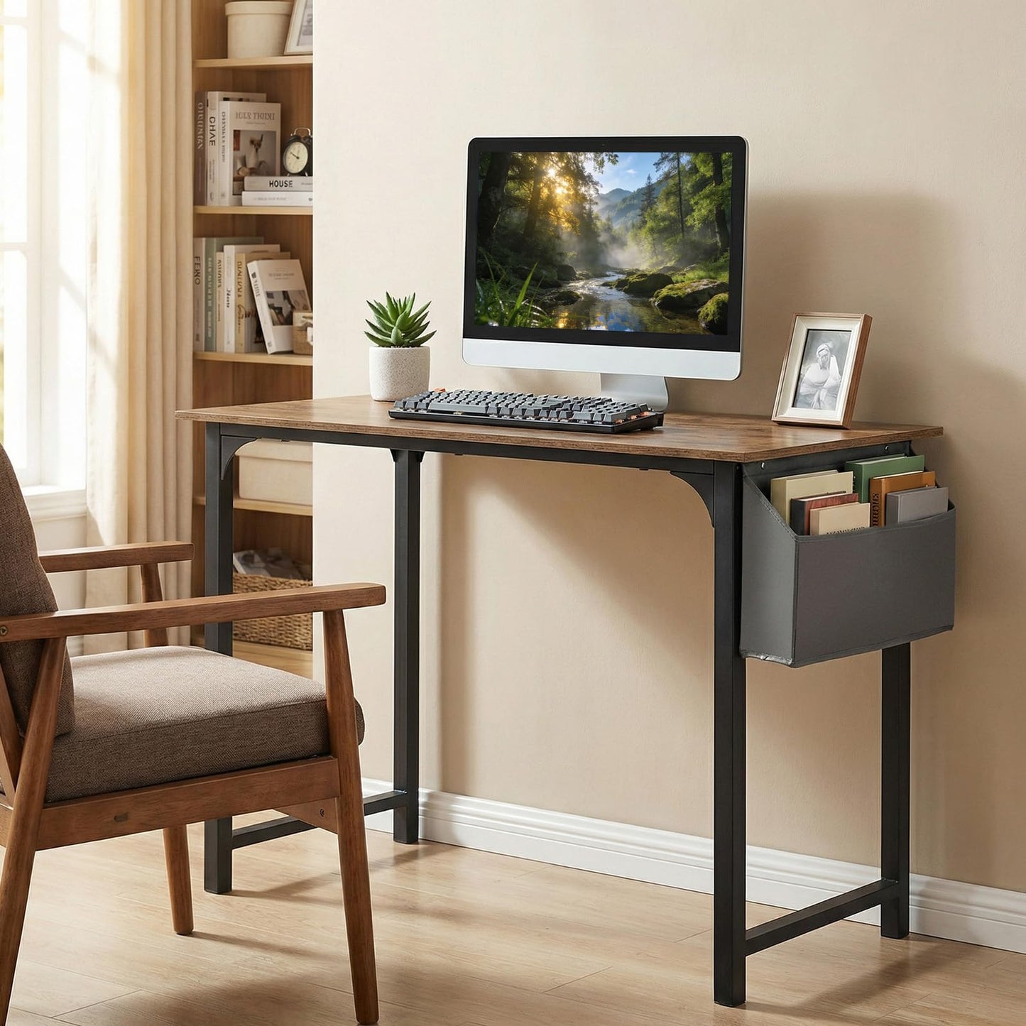 100 CM Computer Desk with Storage Bag and Hanging Hook