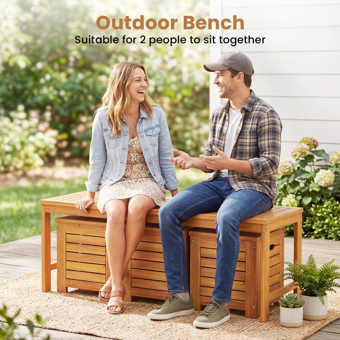 4-Piece Garden Bench and Storage Box Set, Acacia Wood Backless Patio Bench and Deck Boxes