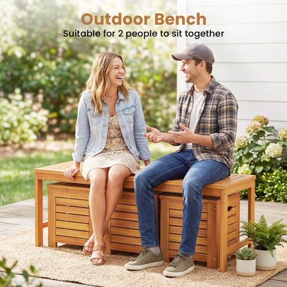 4-Piece Garden Bench and Storage Box Set, Acacia Wood Backless Patio Bench and Deck Boxes