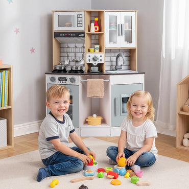 Wooden Kitchen Playset with Sound and Light for Boys Girls