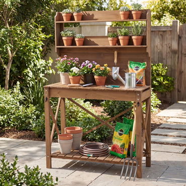Outdoor Potting Bench Table Wooden Garden Workstation with Sliding Tabletop
