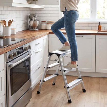 Dual-Sided 3 Step Ladder, Aluminum Folding Step Stool