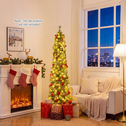 6/7 FT Pre-Lit Pencil Artificial Christmas Tree, Slim Xmas Tree with Branch Tips and LED Lights