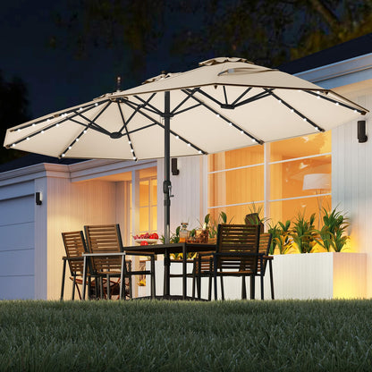 Double-Side Garden Parasol, Sun Shade Umbrella with Solar Powered LED Lights, Base & Crank System