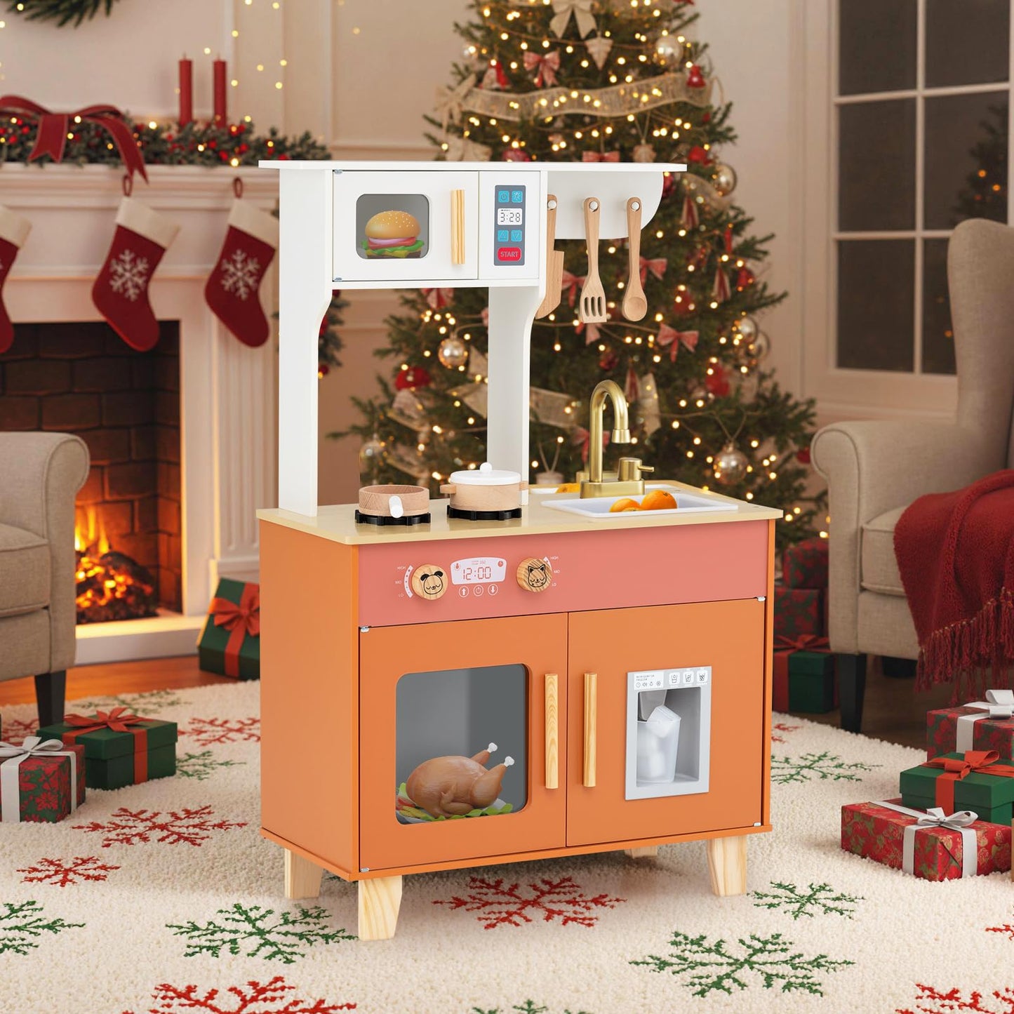 Wooden Play Kitchen with Cookware Accessories for Ages 3-6