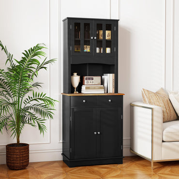 Tall Kitchen Pantry Cabinet with Wood Countertop and Adjustable Shelves