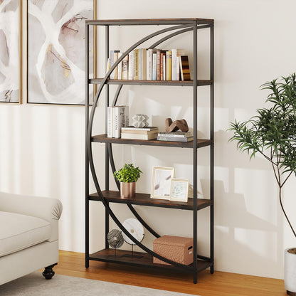 5-Tier Industrial Etagere Bookshelf with Open Storage Shelves and Arc-Shaped Design