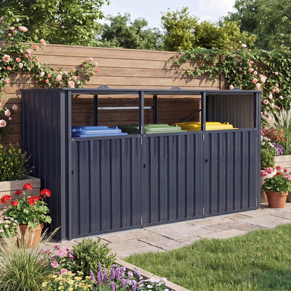 3-Bin Wheelie Bin Storage with Flip-Up Lids & Lockable Doors