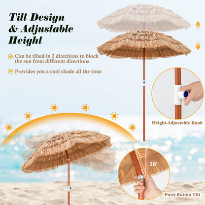 Giantex 1.8m Garden Hawaii Parasol Folding Tilting Thatch Tiki Sun Umbrella with 8 Ribs